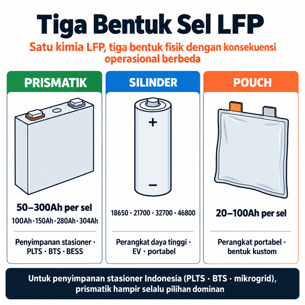 Tiga Bentuk Sel LFP: prismatik, silinder, pouch — satu kimia LFP dengan tiga bentuk fisik dan konsekuensi operasional berbeda