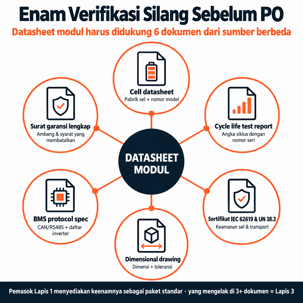 Enam Verifikasi Silang: cell datasheet, cycle life test report, sertifikat IEC/UN, dimensional drawing, BMS protocol spec, dan surat garansi — enam dokumen untuk memverifikasi datasheet modul