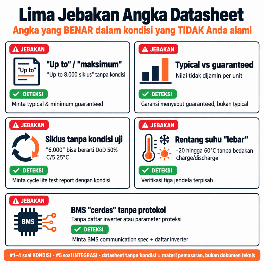 Lima Jebakan Datasheet: up to/maksimum, typical vs guaranteed, siklus tanpa kondisi uji, rentang suhu lebar, dan BMS cerdas tanpa daftar protokol