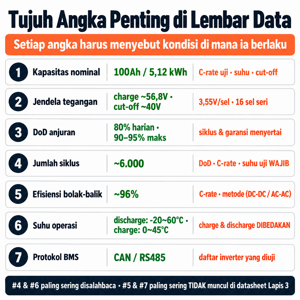 Tujuh Angka Penting di Lembar Data: kapasitas, tegangan, DoD, siklus, efisiensi, suhu operasi, dan protokol BMS — setiap angka harus menyebut kondisi di mana ia berlaku