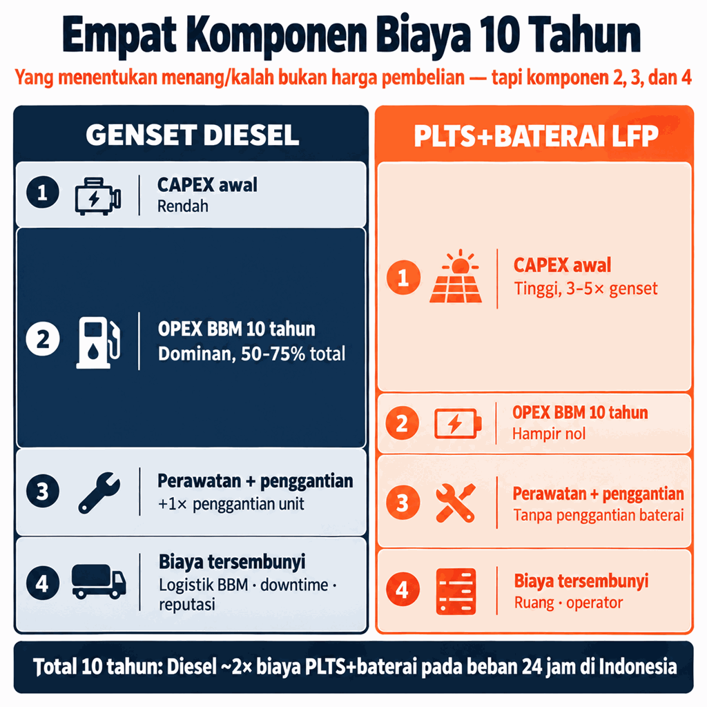 Empat Komponen Biaya 10 Tahun: CAPEX awal, OPEX BBM 10 tahun (dominan di diesel), perawatan + penggantian unit, dan biaya tersembunyi — total diesel ~2× biaya PLTS+baterai pada beban 24 jam