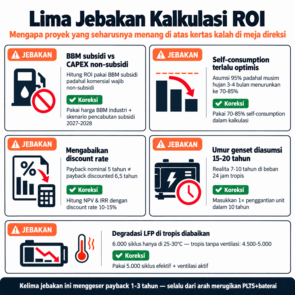 Lima Jebakan Kalkulasi ROI: BBM subsidi vs non-subsidi, self-consumption terlalu optimis, mengabaikan discount rate, umur genset diasumsi 15-20 tahun, degradasi LFP di tropis diabaikan