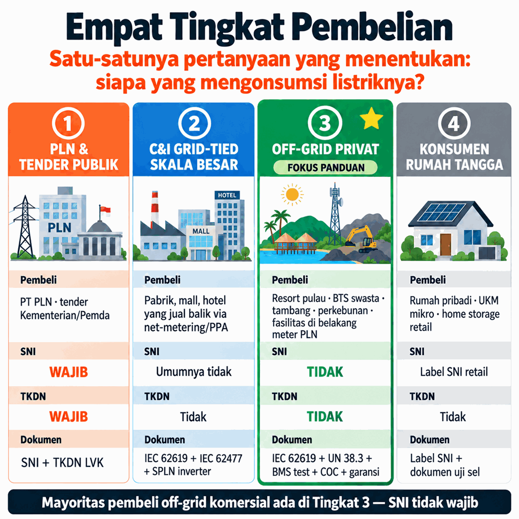 Empat Tingkat Pembelian baterai penyimpanan energi di Indonesia: PLN & tender publik (SNI+TKDN wajib), C&I grid-tied (IEC 62477 + SPLN), off-grid privat Tingkat 3 (IEC 62619 + UN 38.3 + BMS + COC + garansi — tidak wajib SNI), konsumen rumah tangga (label SNI retail)