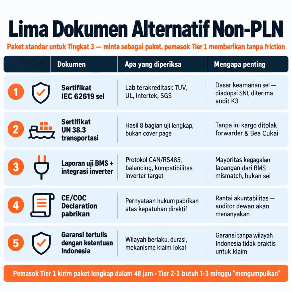 Lima Dokumen Alternatif Non-PLN untuk Tingkat 3: IEC 62619 sel + UN 38.3 transportasi + laporan uji BMS/integrasi inverter + CE/COC Declaration pabrikan + garansi dengan ketentuan Indonesia — paket standar yang Tier 1 kirim dalam 48 jam