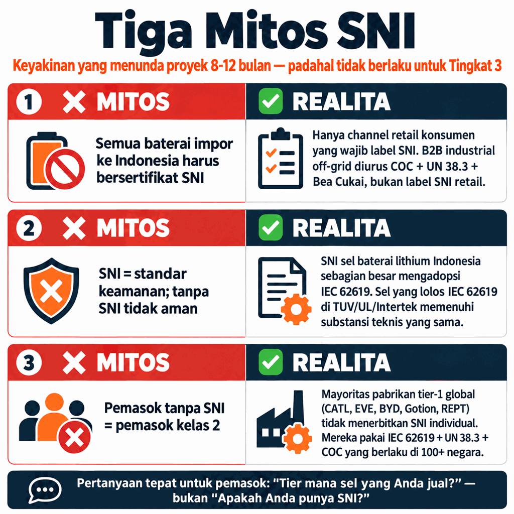 Tiga Mitos SNI: semua impor harus SNI (realita: hanya channel retail), SNI = standar keamanan (realita: SNI mengadopsi IEC 62619), pemasok tanpa SNI = kelas 2 (realita: tier-1 global pakai IEC 62619 + UN 38.3 + COC)