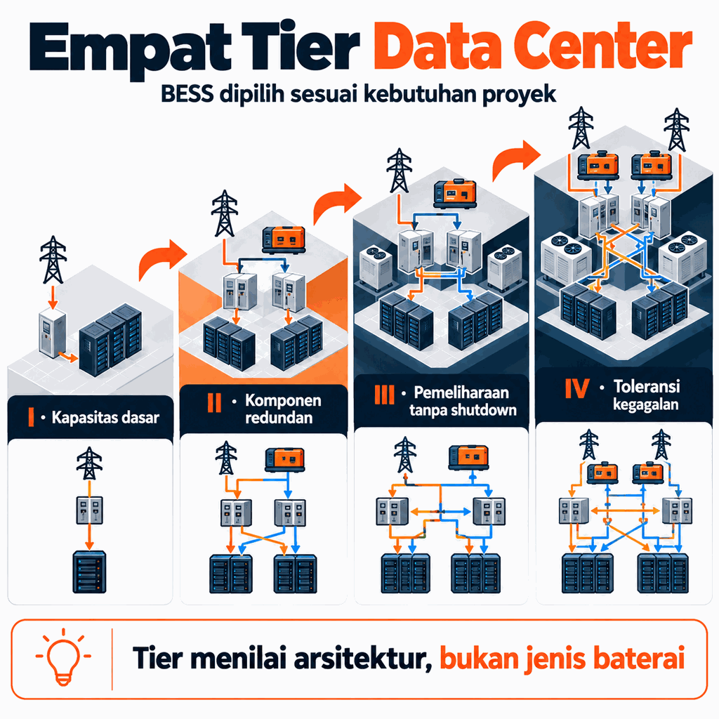 Empat Tier Data Center: kapasitas dasar, komponen redundan, pemeliharaan tanpa shutdown, dan toleransi kegagalan.