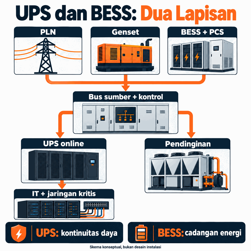 Skema konseptual PLN, genset, dan BESS sebagai sumber yang dikoordinasikan; UPS melindungi IT dan jaringan kritis.