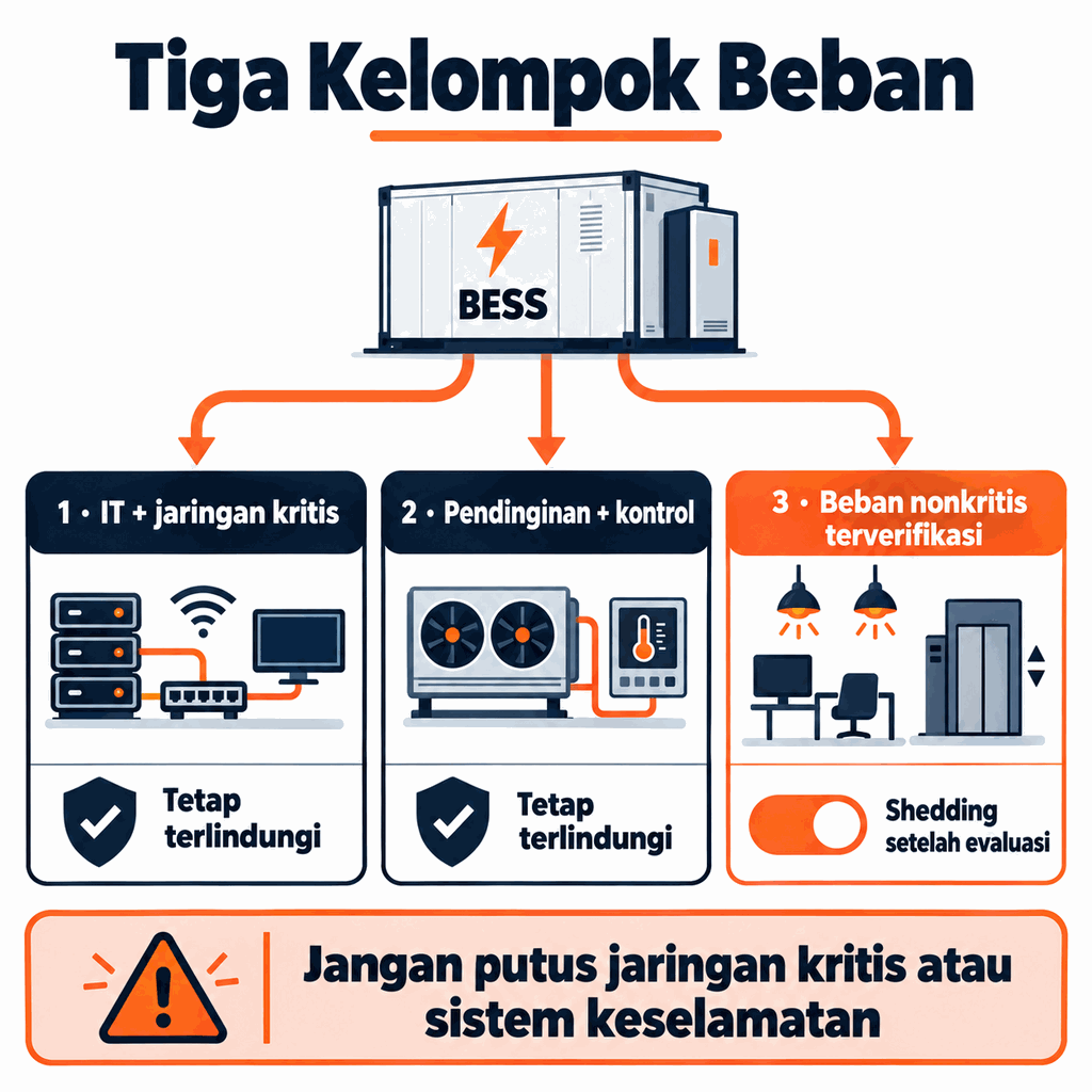 Tiga kelompok beban: IT dan jaringan kritis, pendinginan dan kontrol, serta beban nonkritis yang telah diverifikasi.