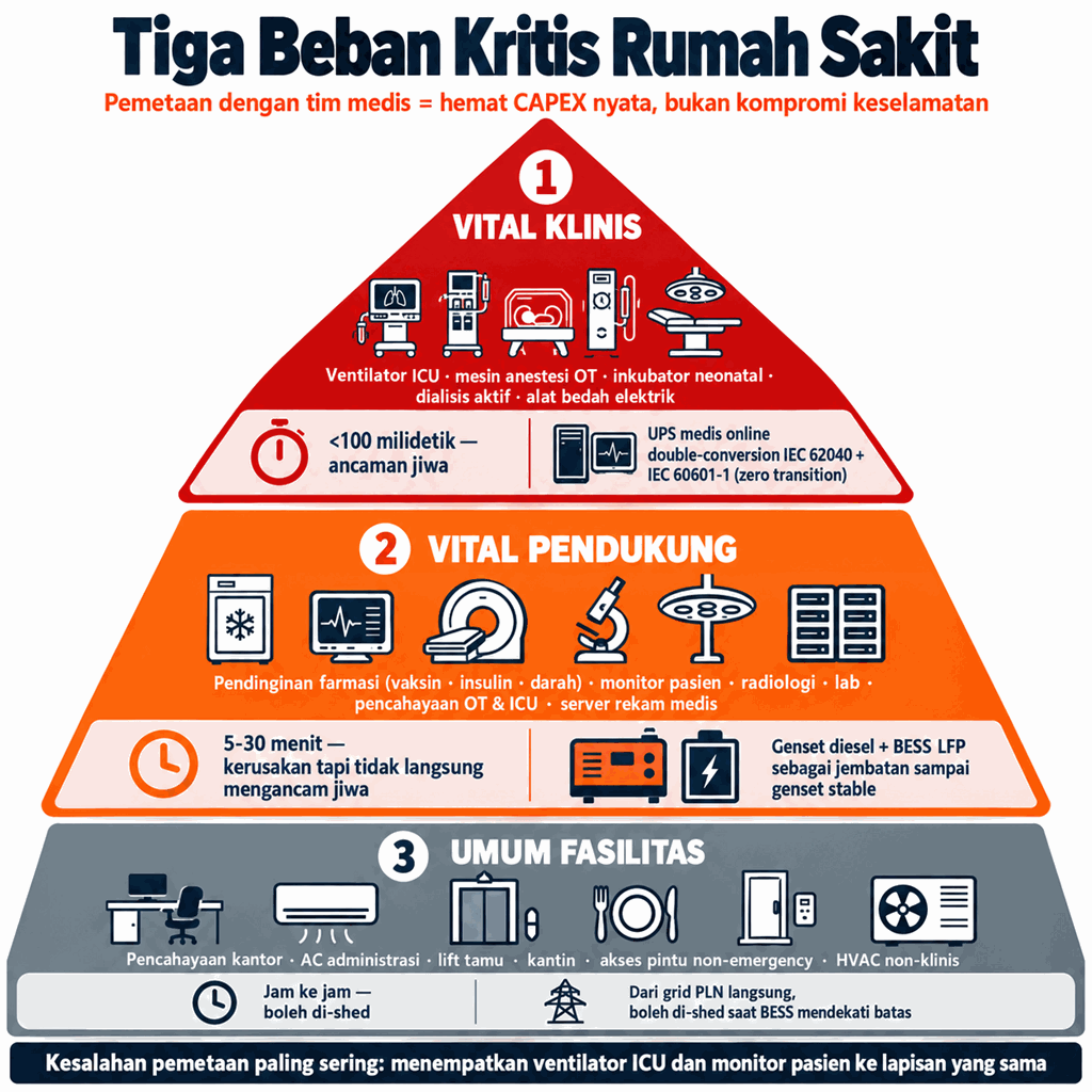 Tiga Beban Kritis Rumah Sakit: Lapisan 1 vital klinis (ventilator ICU, mesin anestesi OT, inkubator — <100 ms, UPS medis IEC 60601-1 zero transition), Lapisan 2 vital pendukung (pendinginan farmasi, monitor pasien, radiologi — 5-30 min, genset + BESS LFP), Lapisan 3 umum fasilitas (AC administrasi, kantin, lift — boleh di-shed)