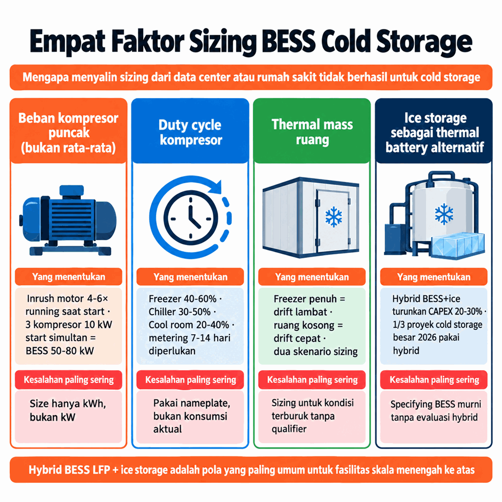 Empat Faktor Sizing BESS Cold Storage: beban kompresor puncak (inrush 4-6× running, 50-80 kW untuk 3 kompresor 10 kW), duty cycle (freezer 40-60%, chiller 30-50%, cool room 20-40%), thermal mass ruang (penuh vs kosong), ice storage sebagai thermal battery alternatif (hybrid turunkan CAPEX 20-30%)