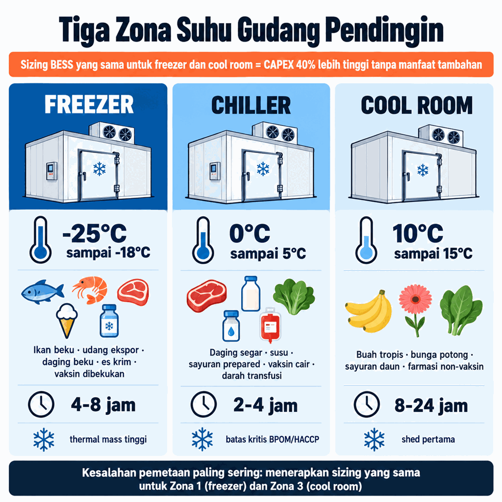 Tiga Zona Suhu Gudang Pendingin: Zona 1 freezer -25 sampai -18°C (ikan/udang/vaksin beku, toleransi 4-8 jam), Zona 2 chiller 0-5°C (daging segar/susu/vaksin cair, 2-4 jam), Zona 3 cool room 10-15°C (buah tropis/bunga/farmasi non-vaksin, 8-24 jam shed pertama)