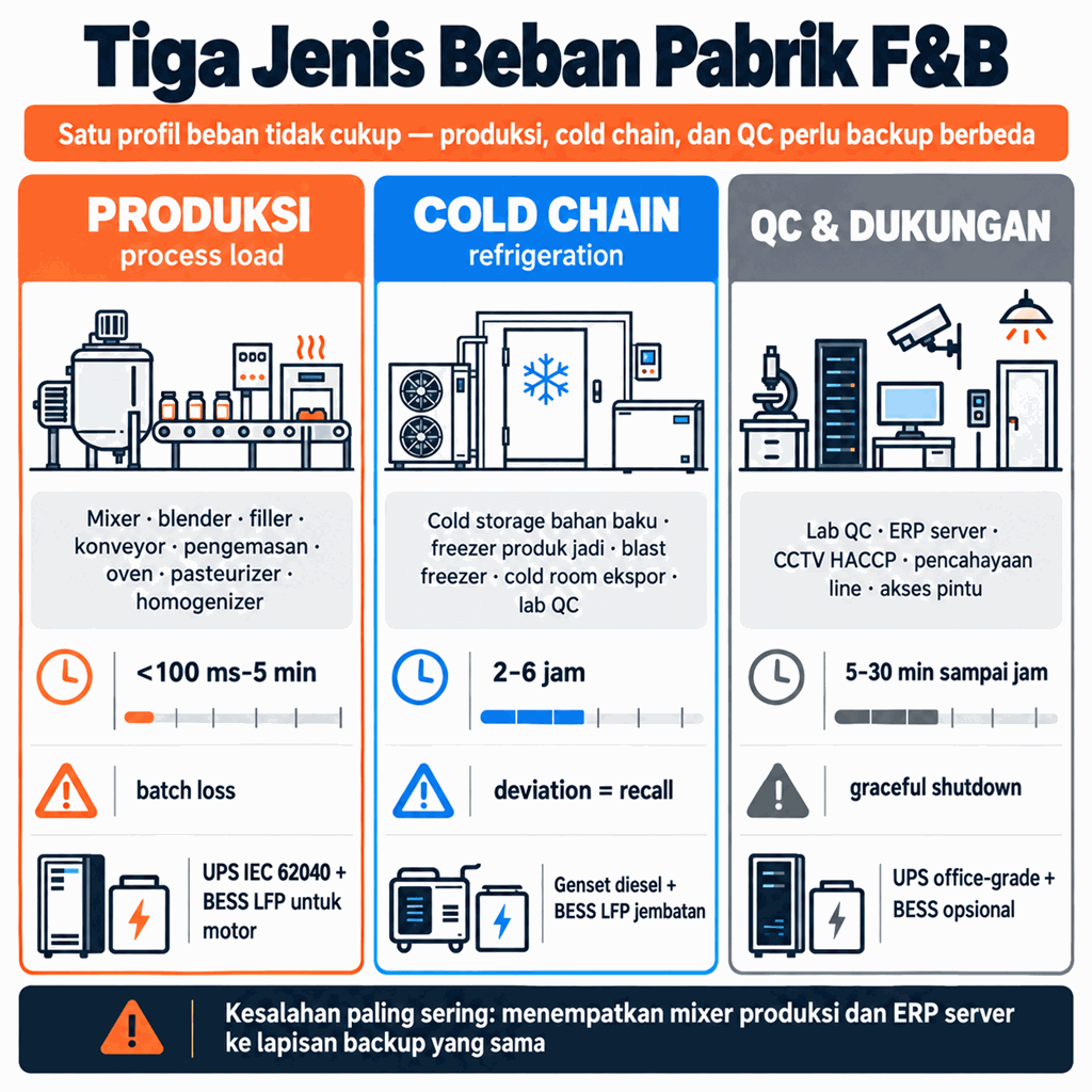 Tiga Jenis Beban Pabrik F&B: Jenis 1 produksi (mixer, filler, pasteurizer, <100ms-5min batch loss), Jenis 2 cold chain (freezer, cold storage, blast freezer, 2-6 jam deviation = recall), Jenis 3 QC & dukungan (lab, ERP server, CCTV HACCP, 5-30 min graceful shutdown)