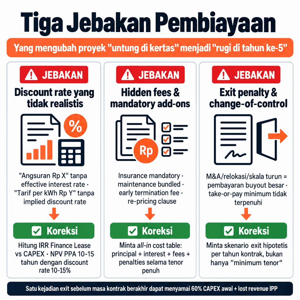 Tiga Jebakan Pembiayaan BESS: discount rate yang tidak realistis (hitung IRR/NPV), hidden fees & mandatory add-ons (minta all-in cost table), exit penalty & change-of-control (minta skenario exit per tahun)