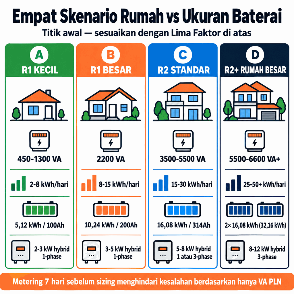 Empat Skenario Rumah vs Ukuran Baterai: A R1 kecil 450-1300 VA 5,12 kWh 100Ah, B R1 besar 2200 VA 10,24 kWh 200Ah, C R2 standar 3500-5500 VA 16,08 kWh 314Ah, D R2+ rumah besar 5500-6600 VA+ 2x 16,08 kWh