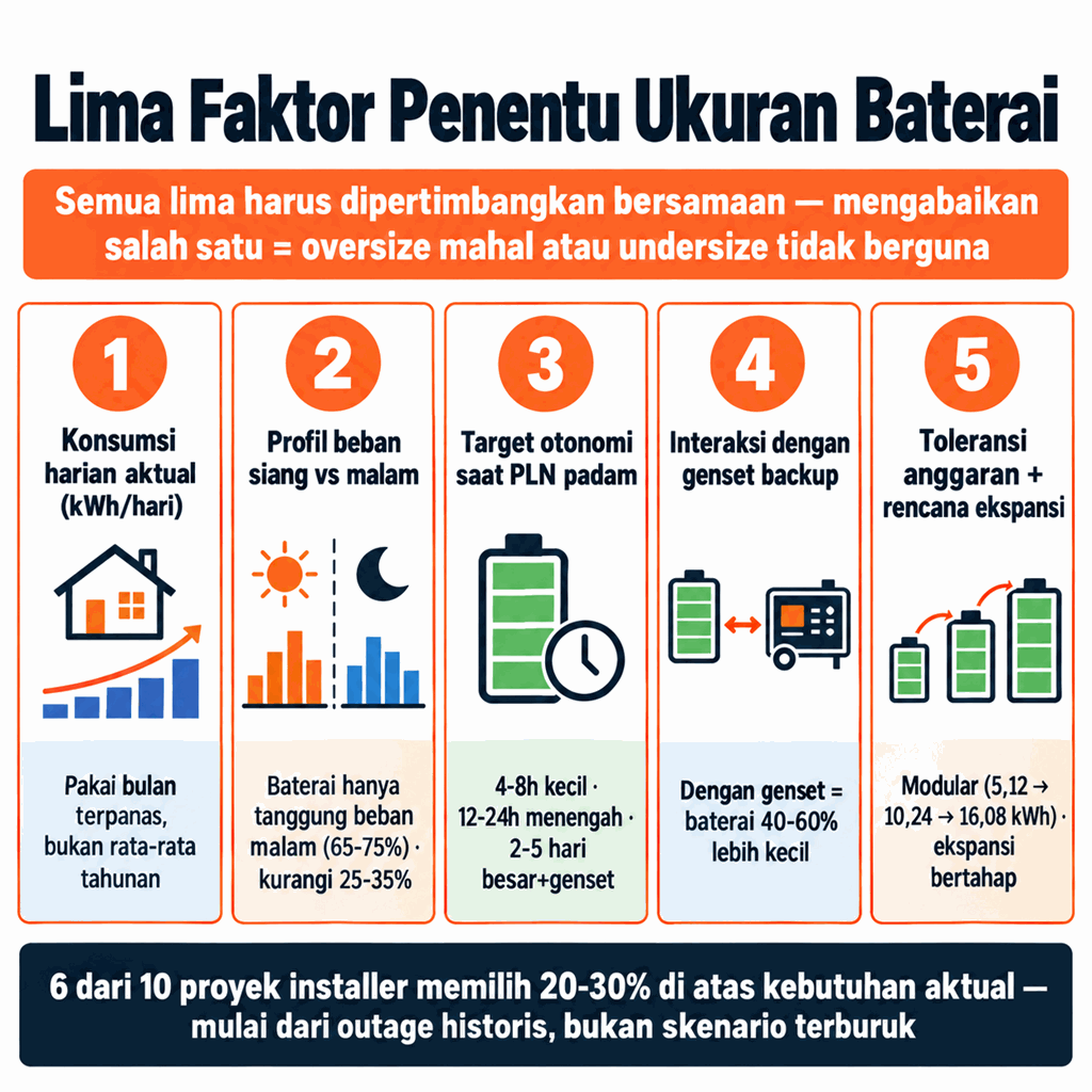 Lima Faktor Penentu Ukuran Baterai: konsumsi harian aktual, profil beban siang vs malam (65-75% malam), target otonomi saat PLN padam (4-8h/12-24h/2-5 hari), interaksi dengan genset backup, toleransi anggaran dan rencana ekspansi modular 5,12-10,24-16,08 kWh