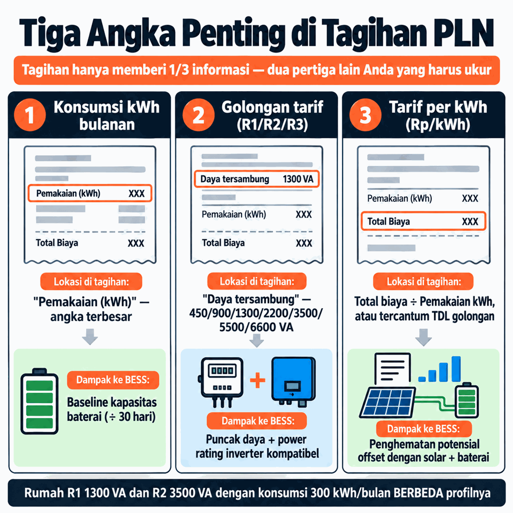 Tiga Angka Penting di Tagihan PLN: konsumsi kWh bulanan (baseline kapasitas baterai), golongan tarif R1/R2/R3 450-6600 VA (puncak daya dan power rating inverter), tarif per kWh (penghematan dengan solar+baterai)