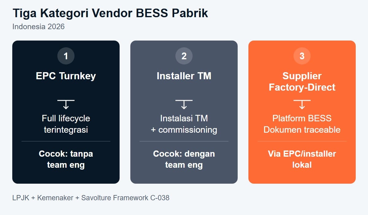 Tiga Kategori Vendor BESS Pabrik Indonesia: Kategori 1 EPC Turnkey Terintegrasi (SBU M/B + Ahli K3 Listrik Spesialis + portofolio BESS pabrik), Kategori 2 Installer Specialis Listrik Tegangan Menengah (SBU M + K3 Spesialis + portofolio listrik TM), Kategori 3 Supplier BESS Factory-Direct (cell lot traceability + per-batch report + CAN mapping terbuka)