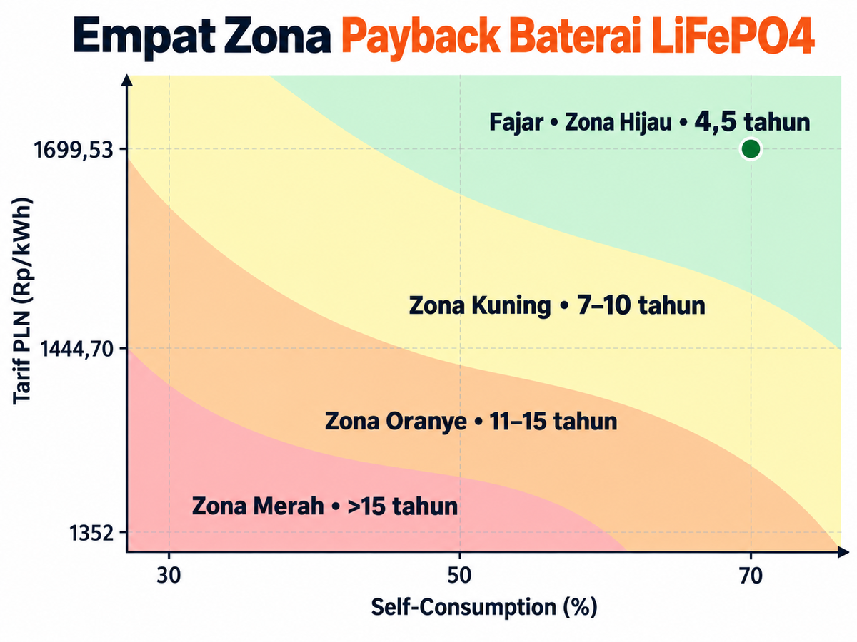 Empat Zona Payback baterai LiFePO4 berdasarkan tarif PLN dan self-consumption