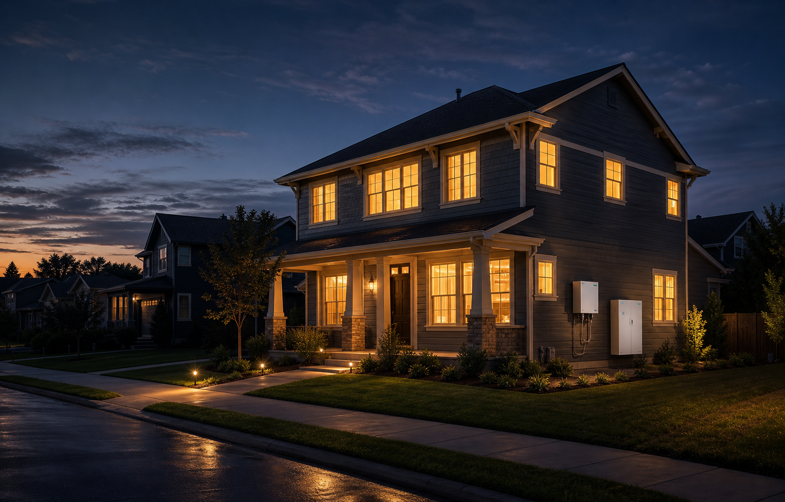 American home lit during a power outage at dusk with wall-mounted battery storage