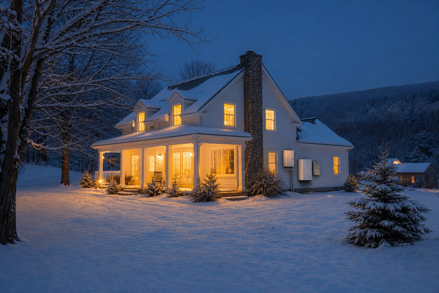 Snow-covered rural Vermont home with lit windows